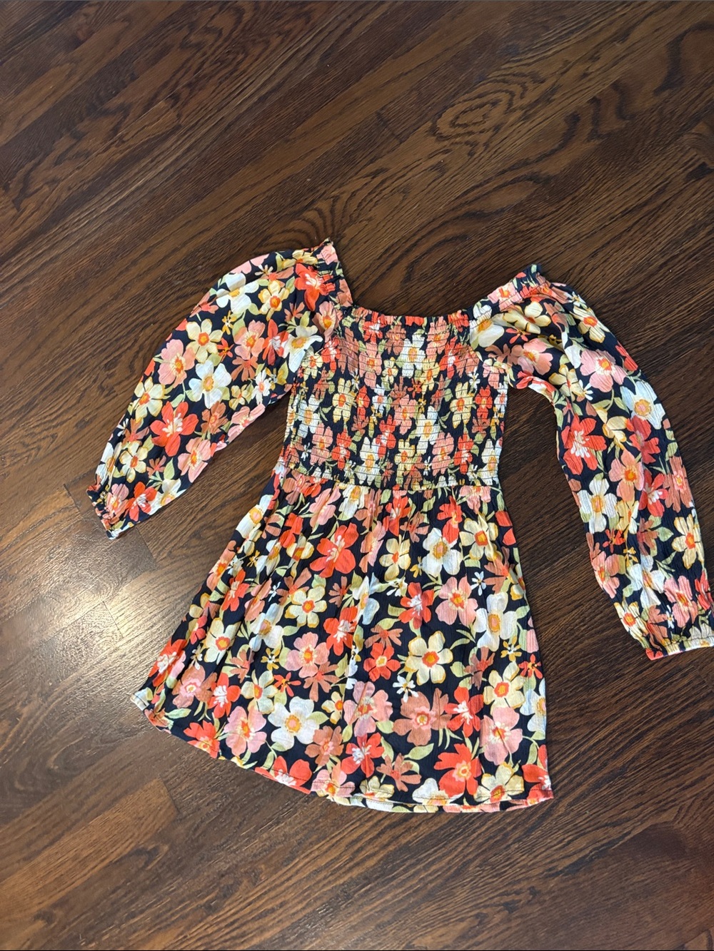 Billabong Black Floral Smocked Dress with Coral & White Flowers
